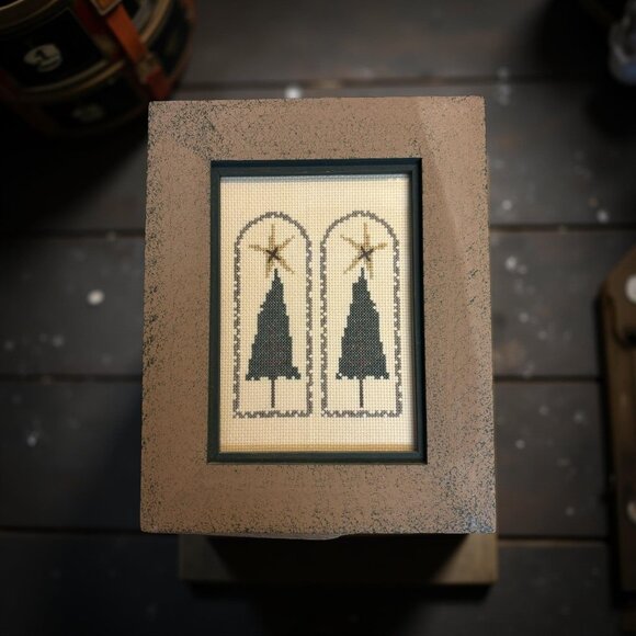 Framed Cross-Stitch Christmas Trees & Stars — Primitive Folk Style — 8″×10″  Pri - Picture 5 of 7